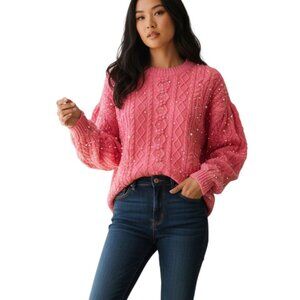 Something Navy Pearl Cable Knit Sweater Bubblegum Pink XS NWT